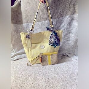 Coach 5 Piece Set Yellow Leather and Canvas